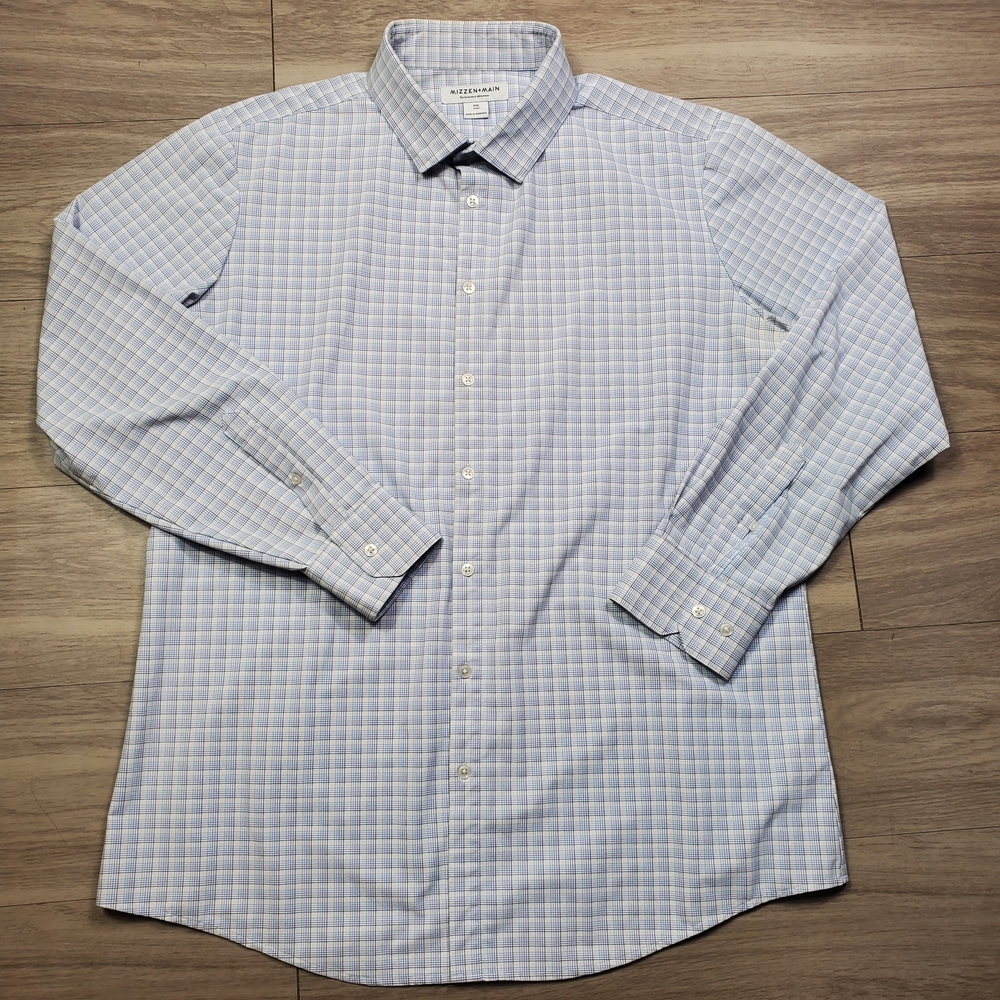 Mizzen & Main Button Up Shirt Mens 2XL Trim Fit Blue Performance Plaid LS XXL